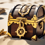 DALL-E Prompt: A close-up view of an old wooden treasure chest with ornate gold trim, sitting on a sand-covered beach. The chest is open, revealing a variety of colorful, weathered cargo labels and st