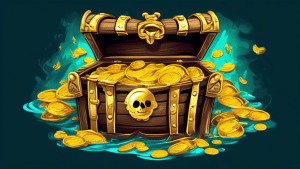 Pirate ship labels on a treasure chest overflowing with gold coins.