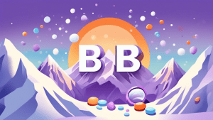 A magnifying glass hovering over a snowy mountain peak with the letters BBB engraved on it, and tiny pills scattered around the base of the mountain. The background is a serene sky with a glow of skepticism (perhaps slight purple or orange tones).