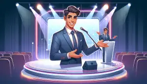A businessman giving a presentation on stage with a confident and engaging demeanor
