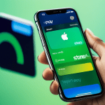 A close-up shot of a person's hand holding a modern smartphone, with the screen displaying the Apple Pay and Stripe logos side by side. The background is a blurred, vibrant mix of green and blue color