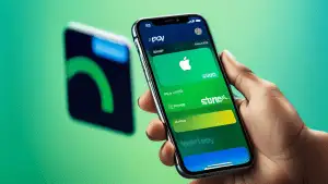 A close-up shot of a person's hand holding a modern smartphone, with the screen displaying the Apple Pay and Stripe logos side by side. The background is a blurred, vibrant mix of green and blue color