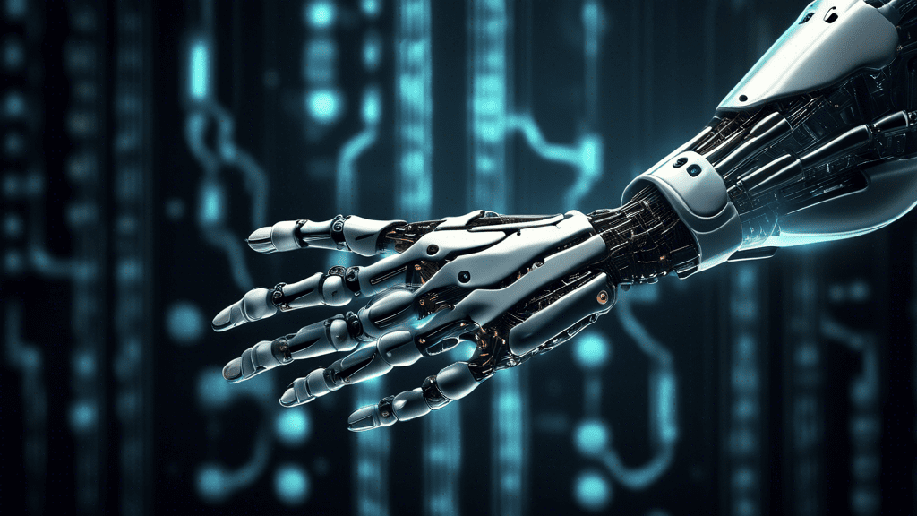 A robot hand reaching out to touch a human hand, with binary code flowing between them.