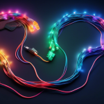 A giant question mark made of tangled computer cables emitting colorful light, with a tiny glowing brain floating above it.