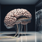 A giant human brain tangled in computer wires, contemplating its own reflection in a mirror.