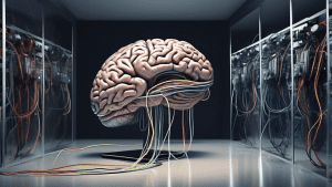 A giant human brain tangled in computer wires, contemplating its own reflection in a mirror.