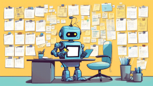 DALL-E Prompt:nAn illustration of a friendly, anthropomorphic robot wearing a headset and holding a digital tablet, standing in front of a wall filled with organized sticky notes, calendars, and task