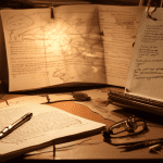 DALL-E Prompt: A writer's desk with a pen and paper in the foreground, showing a detailed story outline structure. In the background, faded images or silhouettes appear, representing various story ele