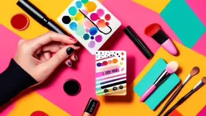 DALL-E Prompt:nA close-up shot of a hand holding a Sephora gift card against a bright, colorful background with beauty products like lipstick, eyeshadow palettes, and makeup brushes scattered around t