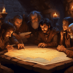 DALL-E Prompt:nA group of adventurers huddled around a table, intently studying a map and figurines representing their characters. The dungeon master sits at the head of the table, partially obscured