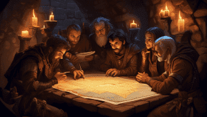 DALL-E Prompt:nA group of adventurers huddled around a table, intently studying a map and figurines representing their characters. The dungeon master sits at the head of the table, partially obscured