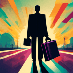 DALL-E Prompt:nA person standing at a crossroads, holding a briefcase with an IP address printed on it, while a giant shadowy figure looms overhead, representing the legal and ethical risks associated