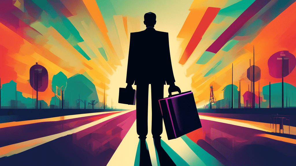 DALL-E Prompt:nA person standing at a crossroads, holding a briefcase with an IP address printed on it, while a giant shadowy figure looms overhead, representing the legal and ethical risks associated