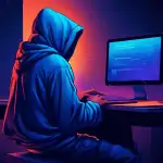 A lone figure wearing a blue hooded sweatshirt emblazoned with Authorize.Net sits at a laptop in a dark room, bathed in the glow of the monitor, attempting to log in.