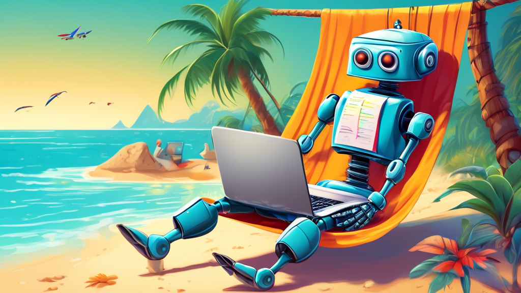 A robot relaxing in a hammock on a tropical beach, with a laptop showing a completed to-do list beside it.