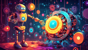 A robot handing a glowing orb of light to a happy customer surrounded by gears and digital interfaces.