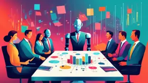 A robot conducting a meeting with business people around a table, with graphs and charts floating in the air above them
