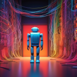 A robot meticulously organizing a vast network of colorful cables, each one leading to a different glowing door.