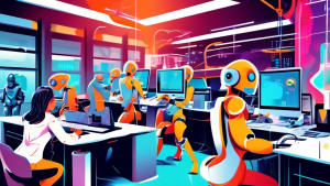 A futuristic office with robots performing tasks and humans overseeing operations.