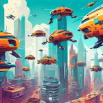 A futuristic cityscape with robots building and controlling flying cars.