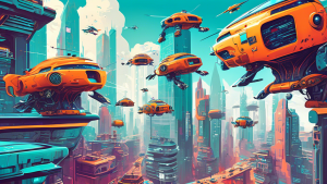 A futuristic cityscape with robots building and controlling flying cars.