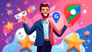 A smiling business owner triumphantly holding a giant Google Maps pin with their business logo on it, surrounded by floating stars and checkmarks.
