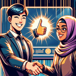 A confident, smiling businessperson shaking hands with a happy client in front of a digital screen displaying HighLevel Reseller and a glowing thumbs up.