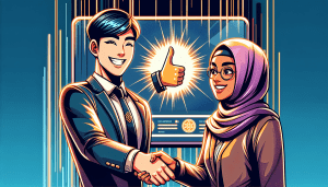 A confident, smiling businessperson shaking hands with a happy client in front of a digital screen displaying HighLevel Reseller and a glowing thumbs up.