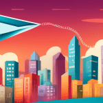 A small paper airplane soaring high above a cityscape, with a magnifying glass focusing on its path.