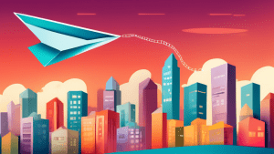 A small paper airplane soaring high above a cityscape, with a magnifying glass focusing on its path.