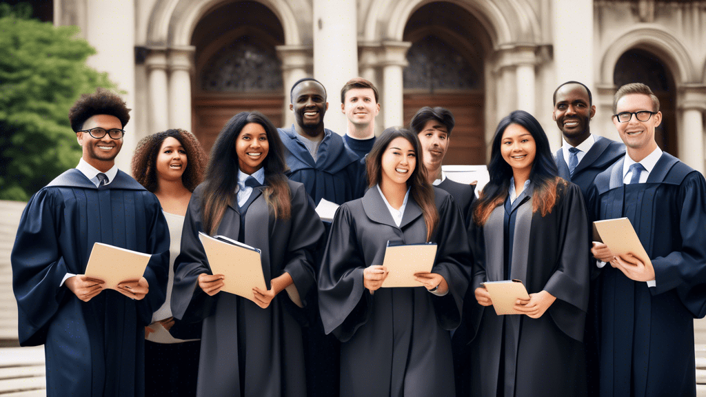 Create an image of a diverse group of young professionals in academic robes, holding legal books and diplomas, standing in front of a prestigious university building. They are engaged in animated disc