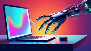 A robot hand reaching out of a computer screen and handing a glowing lead to a human hand.