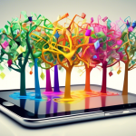 A tree made of colorful, clickable website links growing out of a smartphone, with alternative trees made of different materials in the background.