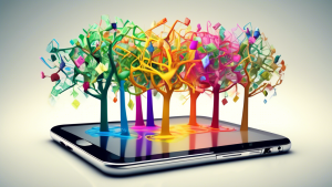 A tree made of colorful, clickable website links growing out of a smartphone, with alternative trees made of different materials in the background.