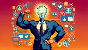 A muscular man with a lightbulb for a head wearing a suit and tie is surrounded by social media logos and marketing tools while striking a strongman pose.