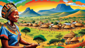 Create an illustration of a vibrant village in South Africa, depicting traditional Zulu architecture and community life. In the foreground, a local artist paints a large mural of Llm Mbatha, blending