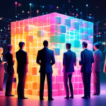 A group of business professionals in suits are standing around a glowing cube made of interconnected blocks with data flowing between them.