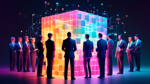 A group of business professionals in suits are standing around a glowing cube made of interconnected blocks with data flowing between them.