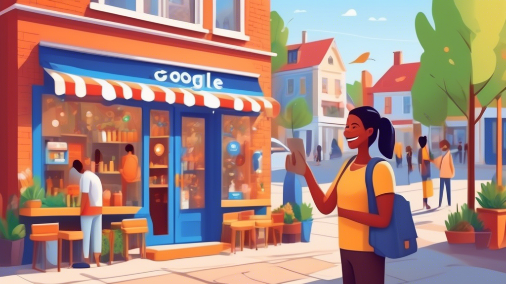 A vibrant small business storefront with a prominent Google Business Profile sign, bustling with satisfied customers. The scene is set in a picturesque town center with SEO-related icons subtly integr