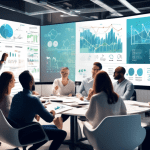Create an image of a modern office setting where a diverse group of professionals is collaborating on a large touch-screen panel displaying data charts, conversion funnels, and strategy planning. Inco