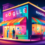 A small business storefront bursting with colorful light and activity, with a giant Google Maps location pin hovering overhead and a magnifying glass highlighting positive customer reviews.