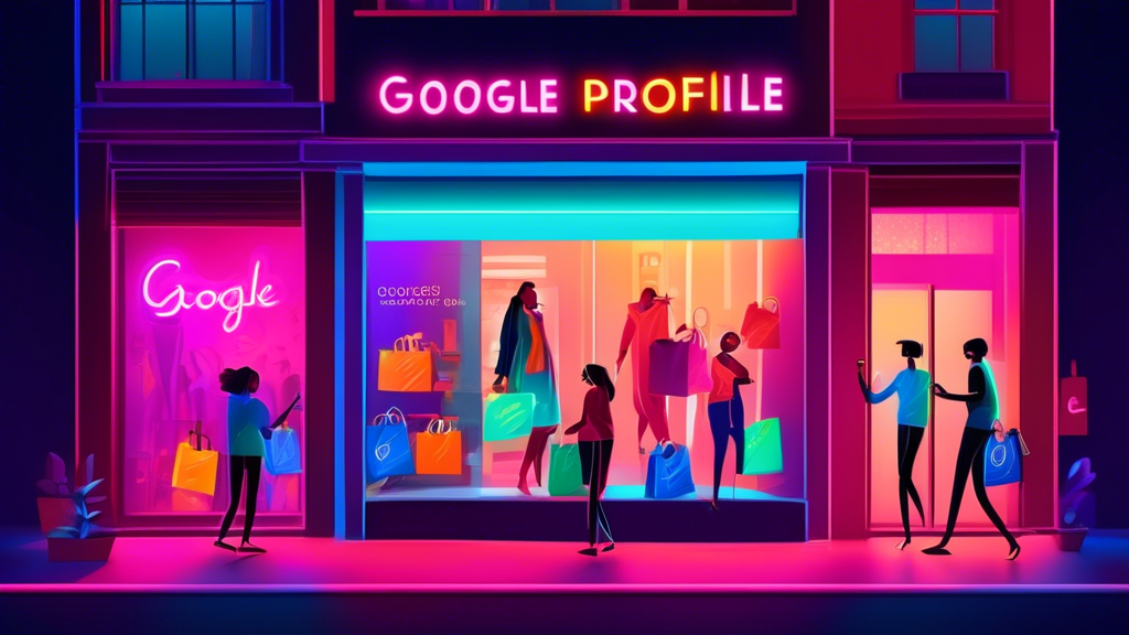 A storefront window with a neon sign that says Google Profile Offers and happy customers holding shopping bags coming out of the store.