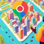 A business owner happily interacting with a giant Google Maps pin that's bursting with positive reviews and five stars, set against a backdrop of a thriving cityscape.