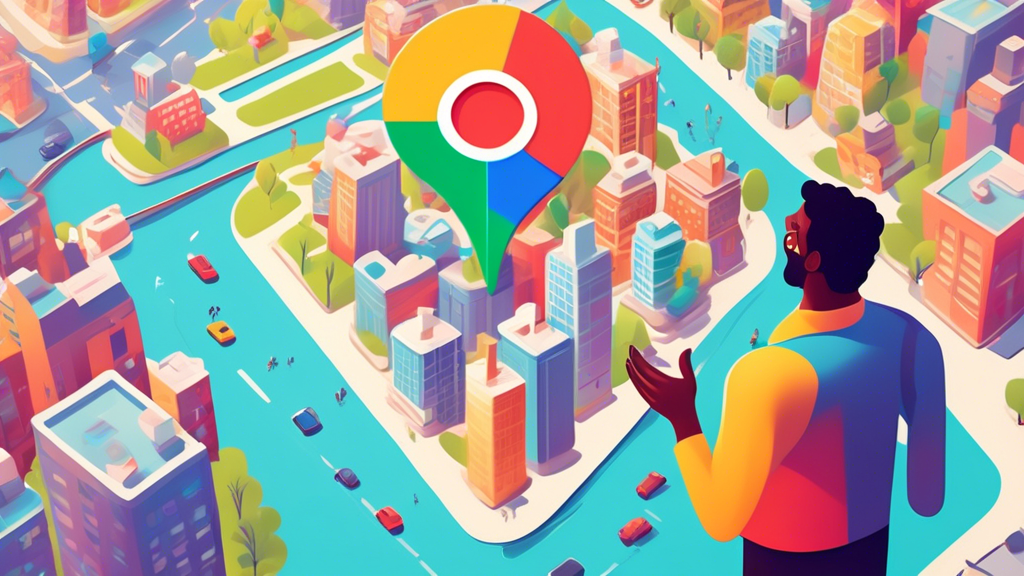 A business owner happily interacting with a giant Google Maps pin that's bursting with positive reviews and five stars, set against a backdrop of a thriving cityscape.