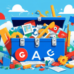 A toolbox overflowing with Google-branded tools like search bars, maps, analytics charts, and dollar signs bursting out against a blue sky background.