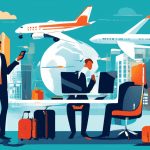 Create a dynamic and modern illustration featuring business professionals using a white label travel booking engine on their laptops and smartphones. Incorporate elements like travel icons (airplanes,