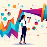 A businesswoman using a giant megaphone made of colorful data charts to amplify a website landing page towards potential customers, with a rising conversion rate graph displayed prominently.