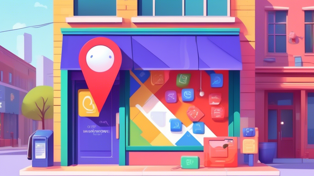 A storefront with a giant Google Maps pin sticking out of it and a phone displaying Sold out notifications.