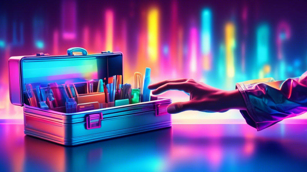 A hand reaching out to touch a holographic glowing toolbox filled with colorful, organized digital tools, with a futuristic, bright background.