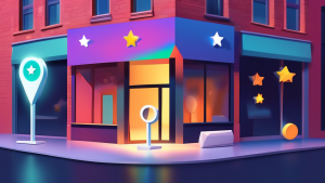 A magnifying glass hovering over a storefront with the Google Maps pin logo and a glowing five-star rating floating above it.